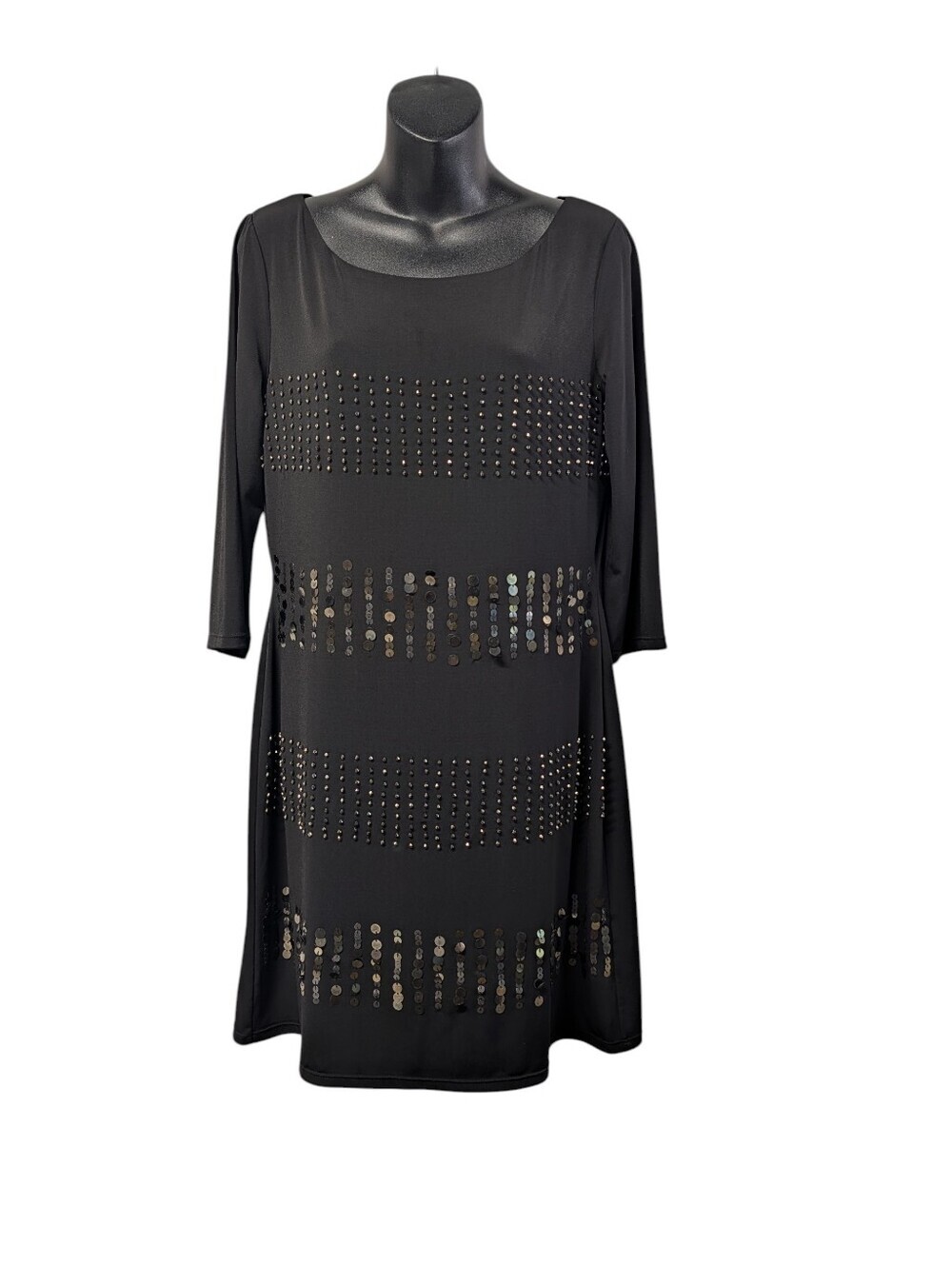 White House Black Market Black Sequin Stud Embellished 3/4 Sleeve Shift Dress M
